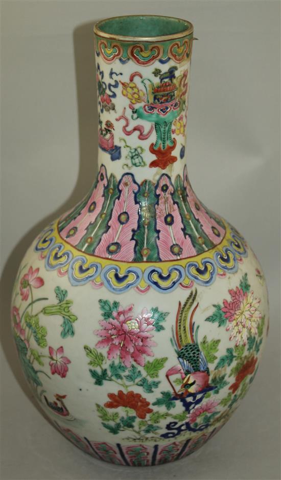 A large Chinese famille rose bottle vase, Daoguang period, 42.5cm, crack to body, lamp mount removed
